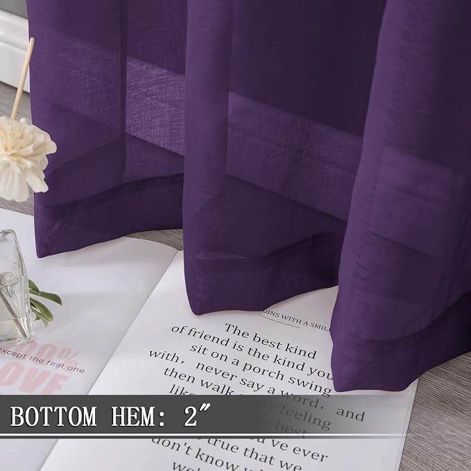 Tollpiz Short Sheer Curtain Living Room Linen Textured Curtains Sheer Light Filtering Voile Rod Pocket Curtain for Bedroom, 38 x 54 inches Long, Royal Purple, Set of 2 Panels