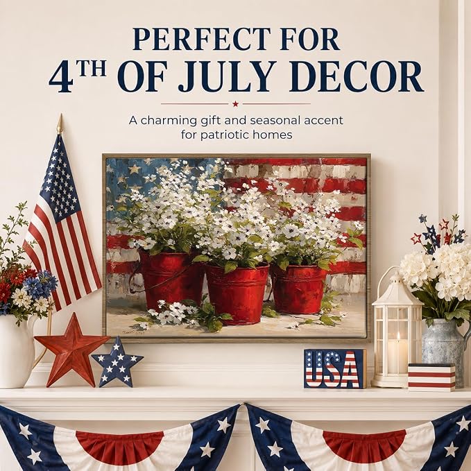 American Flag Framed Canvas Wall Art, 4th of July Floral Canvas Prints | Wildflower Landscape Poster Print, Vintage Rustic Independence Day Wall Decor for Bedroom Living Room Office 24×32in