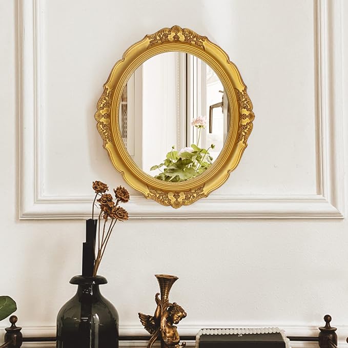 Eaoundm 13.1 x 14.8 inchs Decorative Wall Mirror,Oval (Gold 2 Pcs) | Vintage Hanging Mirrors for Bedroom Living-Room Dresser Decor