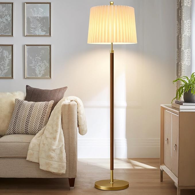 AHDWDW Gold Floor Lamp for Living Room,Mid-Century Modern Floor Lamps with Remote,Farmhouse Boho Floor Light with Dual Fabric Shade,Dimmable Standing Tall Lamp for Bedroom Corner Reading Office