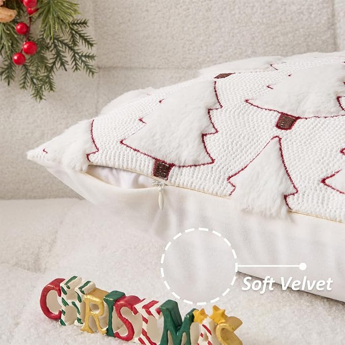 Kevin Textile Christmas Tree 14x36 Inch Long Lumbar 1 Pack Luxury Embroidery Soft Plush Faux Fur Rectangle Cushion Case for Couch Sofa Holiday Festivals Winter Xmas Gift, Cream White & Red