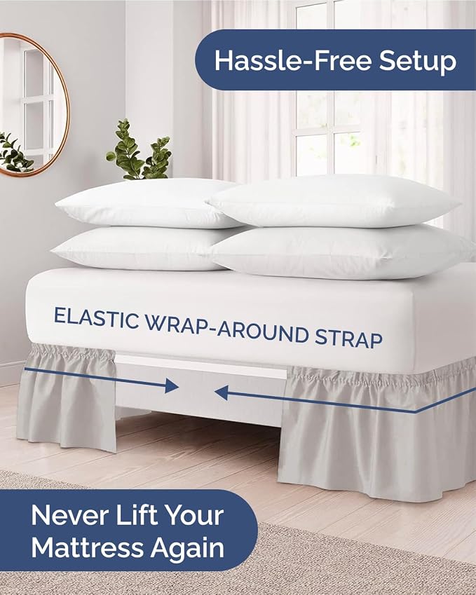Wrap Around Dust Ruffle Bed Skirt, Queen Size - 12 Inch Drop, French Grey | Easy Fit Elastic Strap, Adjustable Pleated Bedskirt w/Brushed Fabric, Wrinkle & Fade Free, for Women, Men, Kids & Teens