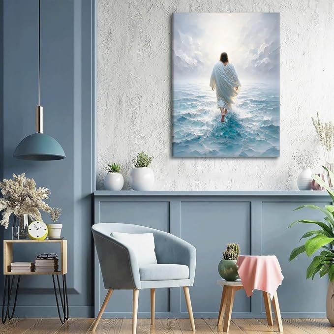 AUUAUU Jesus Walks on Water Wall Art Christian Canvas Painting 12x16 Inches | Religious Picture Canvas Prints Bible Stories Artwork Wall Decor for Living Room Bedroom Prayer Room Ready to Hang