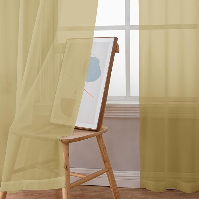 Simplebrand Gold Short Sheer Curtains 45 Inch Length for Small Windows, Rod Pocket 2 Panels Set Solid Voile Drapes Window Sheer Curtains for Bedroom Bathroom Kids Room Kitchen, 42x45 Inch, 2pcs