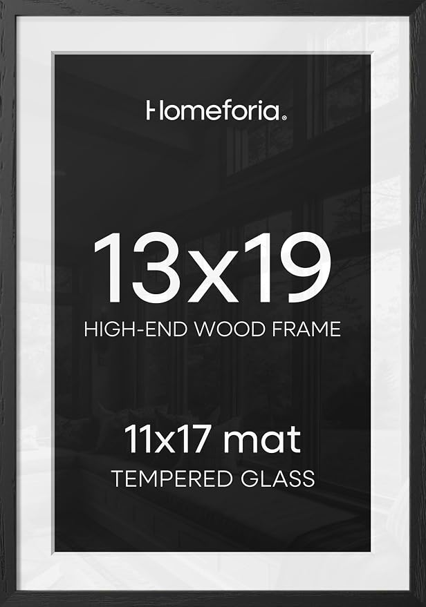 Homeforia 13x19 Black Oak Picture Frame, High-End Wood, 11x17 Mat, Glass