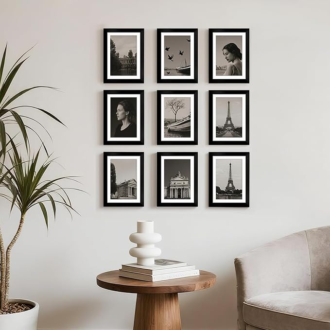 4x6 Picture Frame Set of 9, Display Pictures 3.5x5 with Mat or 4x6 without Mat, Multi Collage Gallery Square Photo Frames for Wall or Tabletop, Black