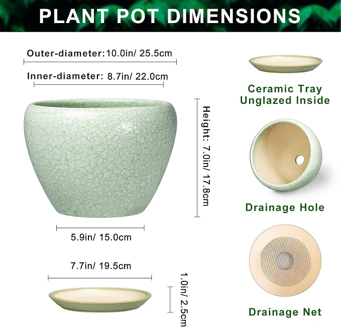 10 Inch Planter, Ceramic Plant Pots, Crackle Light Green | Indoor Pots for Plants with Drainage Hole and Saucer, Round Planter for Indoor Plants, Room Decor, Gifts for Plant Lovers