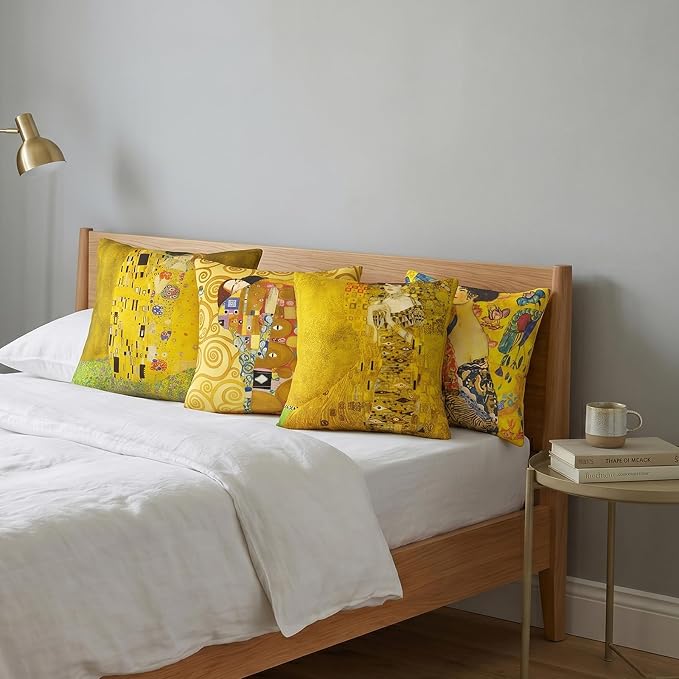 Klimt Art Pillow Covers 18x18 inch Set of 4 Famous Painting The Kiss by Gustav Klimt Cushion Covers Yellow Modern Decorative Pillow Cases for Sofa Couch Bed Office