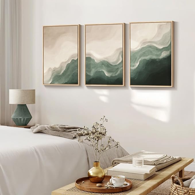 Framed Green and Beige Minimalist Abstract Wall Art, 3 Piece Set Each 16x24 | Modern green beige pictures, Canvas prints, Wood frame, Neutral artwork for walls, Wall decor for bedroom dining living room