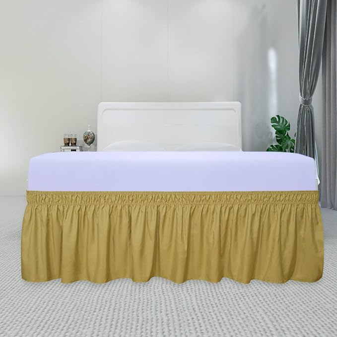 PureFit Wrap Around Ruffled Bed Skirt, Gold, Twin/Full - 14" Drop | Wrinkle Free Bedskirt Dust Ruffles, Easy to Put On Frame Cover with Adjustable Elastic Belt
