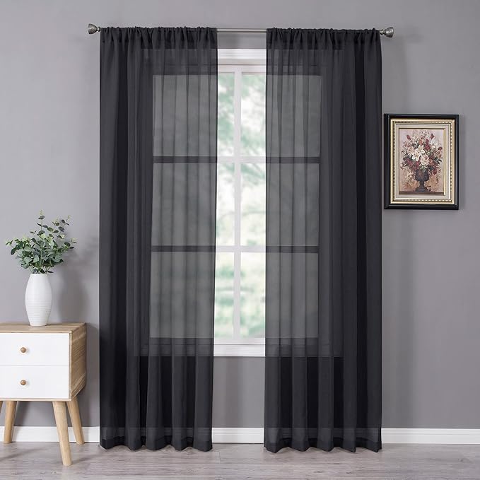 Tollpiz Sheer Curtains Linen Textured Bedroom Curtain Sheers Light Filtering Rod Pocket Voile Curtains for Living Room, 54 x 84 inches Long, Black, Set of 2 Panels