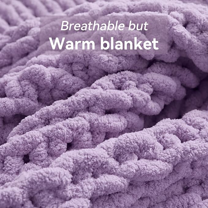 Negwoo Chunky Knit Throw Blanket, Knitted Throw Chenille Yarn, 60"*80" | Soft Thick Cable Knitted Blankets, Handmade Big Thick Blanket,Machine Washable Cute Comfy Blanket for Home Decor,Light purple
