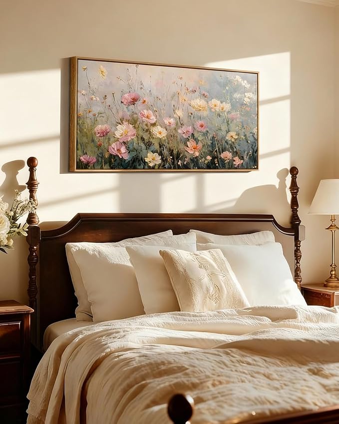 InSimSea Extra Large Framed Vintage Wall Art, Wildflowers Field, 20x40inch | Living Room Country Farmhouse Decor, Spring Landscape Canvas Prints, Retro Long Pictures for Bedroom Above of Bed