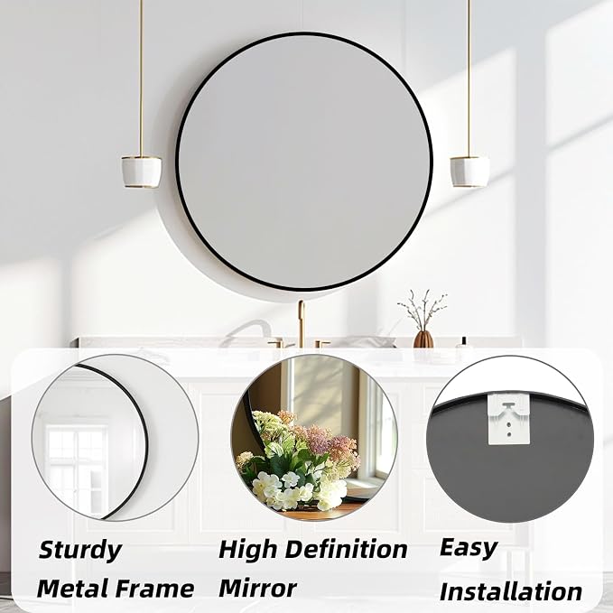 Round Black Mirror 28 inch, Circle Mirror, Matte Black Metal Frame | Large Circular Wall Mounted Mirrors for Bathroom, Bedroom, Entryway, Living Room, Hallway, Over Sink, Vanity, Wall Decor, HD