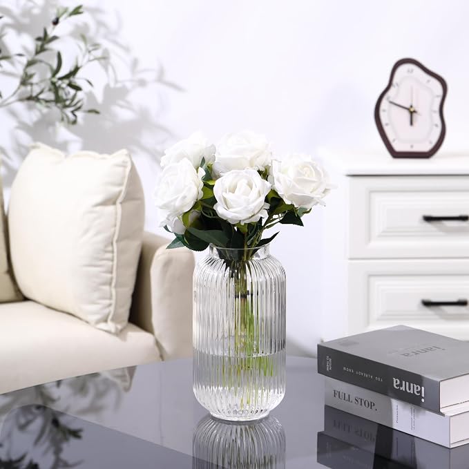 Ribbed Glass Vase, Clear Flower Vase for Bouquet, Glass Vases for Flowers, Modern Vases for Living Room, Bedroom, Kitchen, Dining Table, Office, Wedding, 8.6 Inches