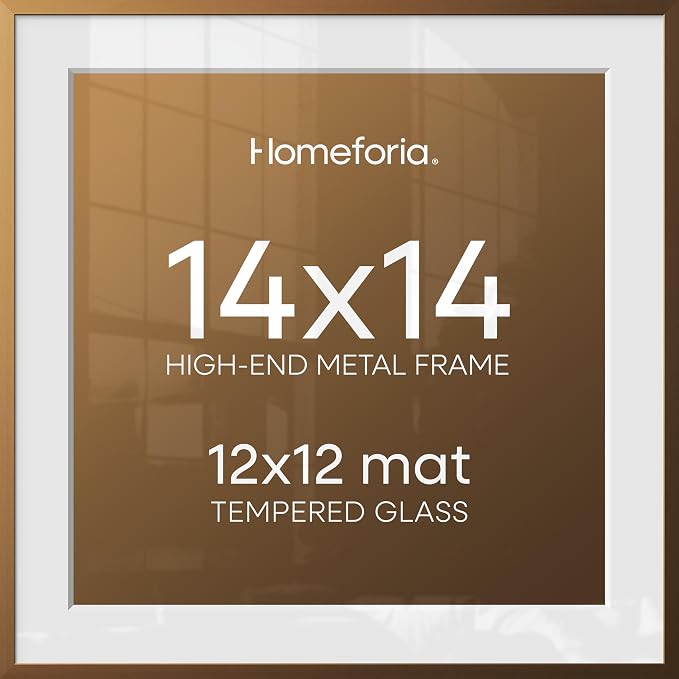 Homeforia 14x14 Bronze Picture Frame, High-End Metal, 12x12 Mat, Glass