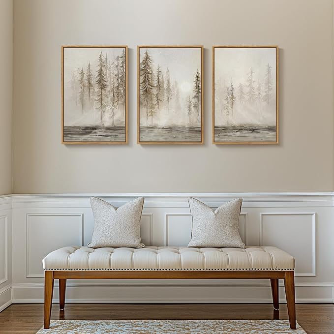 Framed Neutral Abstract Pine Tree Landscape Wall Art Bedroom, 16x24 Inch | 3 piece, Modern, Canvas artwork, Nature forest picture, Farmhouse wall decor, Home office art, Ready to hang, Wood frame