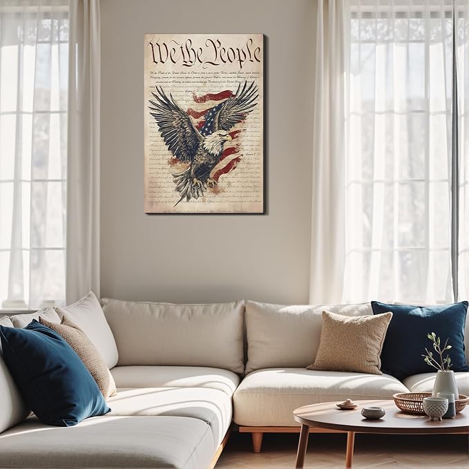 Framed We The People Bald Eagle Wall Art, Patriotic US Constitution Canvas Art Pictures, American Flag Wall Decor, Made in USA Ready to Hang for Office Living Room