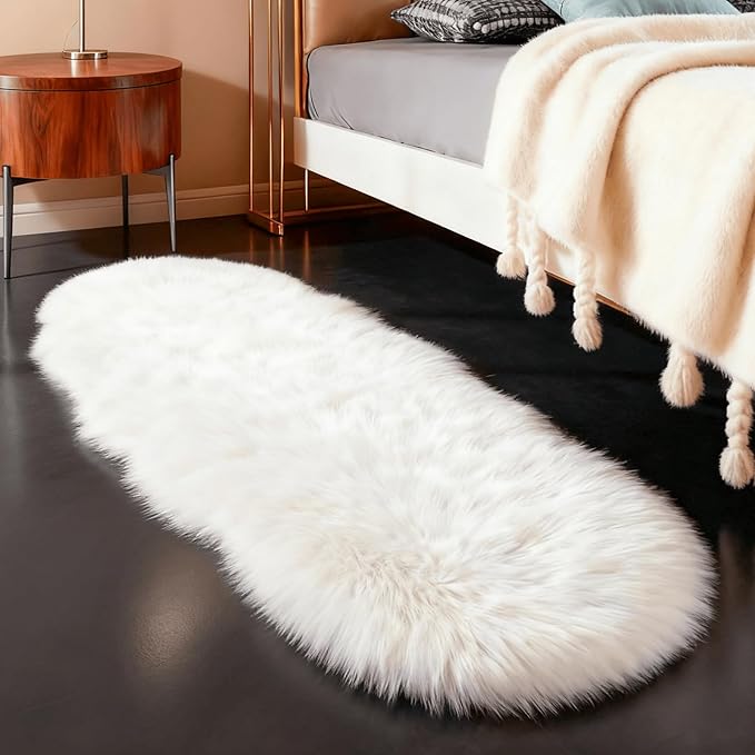 linmopm Faux Fur Sheepskin Fluffy Shag Fuzzy Rug, White, 2x6 ft Runner | High-Density Cushion, For Bedroom Bedside Living Room Sofa Cover Floor , Plush Carpet