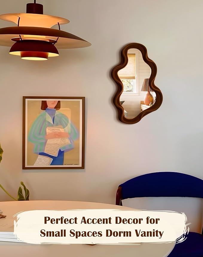 Retro Wavy Mirror Wall Decor for Living Room,Maroon Vintage Decor | 16x10",Soft Velvet-like Touch,Small Wall Mounted Mirror for Girl Bedroom,Decorative Tray Home Accent for Dining Room Kitchen