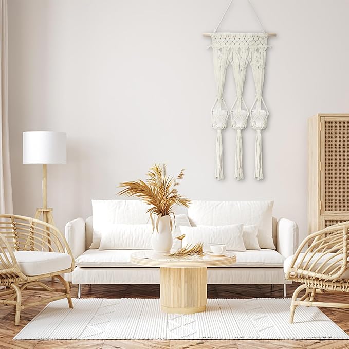Briful Macrame Plant Hanger with 3 Glass Jars, Wall Hanging Plant Propagation Station, Boho Home Decor Hanging Planter for Indoor Plants Flowers, for Living Room Bedroom Kitchen, 13.78" x 27.56"