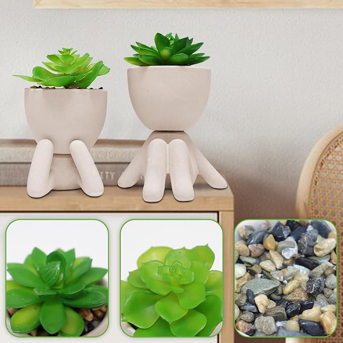 Zerzsy 2PCS Cute Artificial Succulent Plants with Creative Human Shaped Pots, Desk Decoration Artificial Fake Plants Indoor for Home Office Decoration(Cream Color)