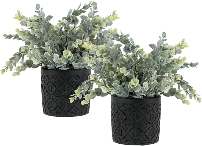 MyGift Artificial Eucalyptus Plant Black Concrete Pot Geometric, Set of 2