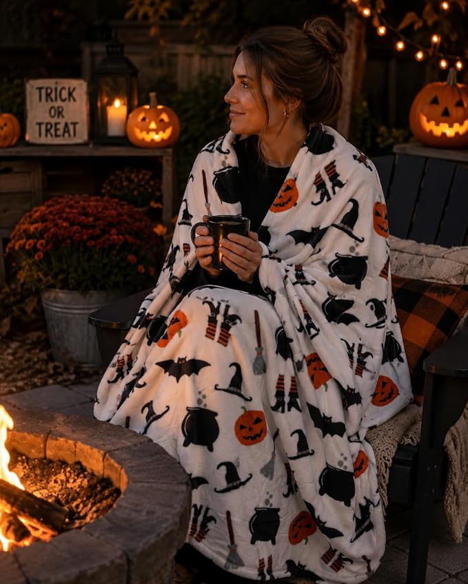 Serafina Home Halloween Cute Witch Fleece Throw Blanket, Jack O Lantern Bats, Velvet, 50x60 in