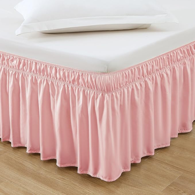MEILA Wrap Around Elastic Bed Skirt for Queen & King Beds, 24" Drop,Pink | Three-Side Adjustable Elastic Dust Ruffle, Ruffled Polyester Fabric, Easy to Install, Fade Resistant & Machine Washable