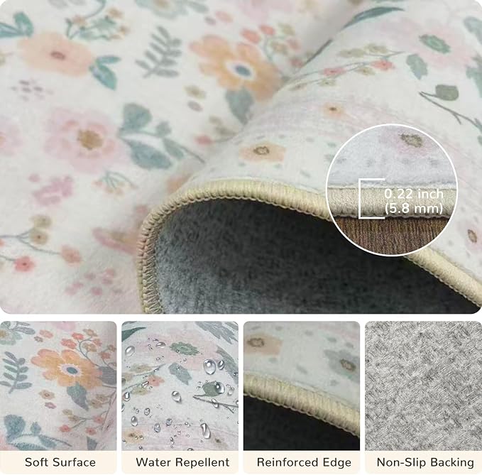 Washable Floral Area Rug for Living Room 8x10 Light Beige | Non-Slip，Vacuum-Friendly, Low Pile, Flower Carpet for Bedroom Kitchen Entryway Dining Room Office Nursery
