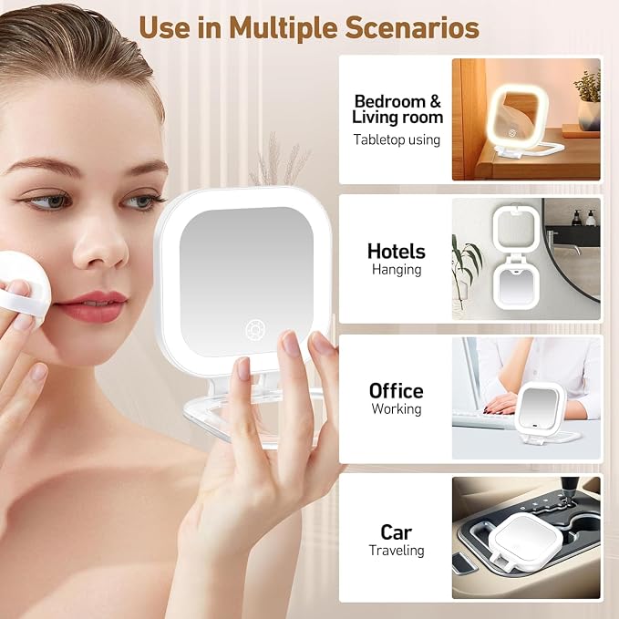 GOMIPURU Travel Mirror with Light, Compact Mirrors, 1x/30x Magnifying Mirror with 3 Color Lights and Adjustable Brightness, 4.5x3.9 inch Small Compact Hangable Hand Pocket Mirrors, Comes with Tweezer
