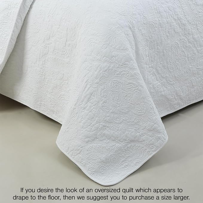 Cozy Line Home Fashions Solid White 100% Cotton Quilt Set, Queen | 3-Piece, Textured Damask Stitch Bedspread with King Shams, Quilted, Elegant All Season Hotel Style Bedding
