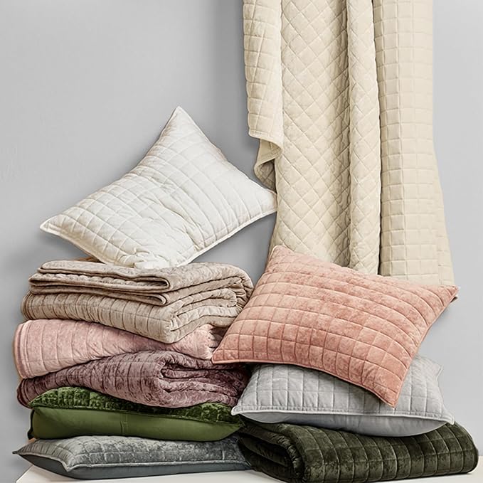 RECYCO Velvet Quilt Set, Oversized California King 118"x106", Olive Green | Channel Box Stitch Velvet Comforter Set, Ultra Soft Lightweight Bedspread Coverlet, All Season Bedding Set, with 2 Shams