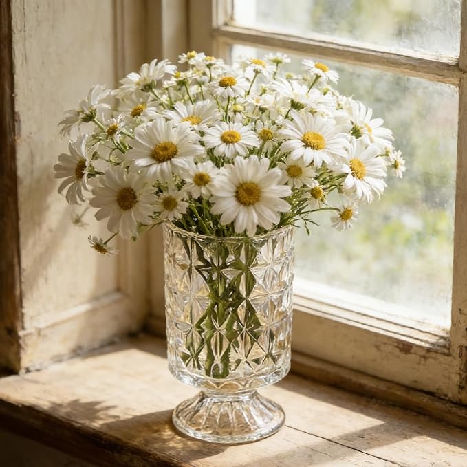 BLOFLO Embossed Glass Vase, 7'' Crystal Glass Vases for Flowers, Pedestal Big Base Glass Bouquet Vase, Hydroponic Glass Transparent Vase for Home Office Wedding Dining Table Party