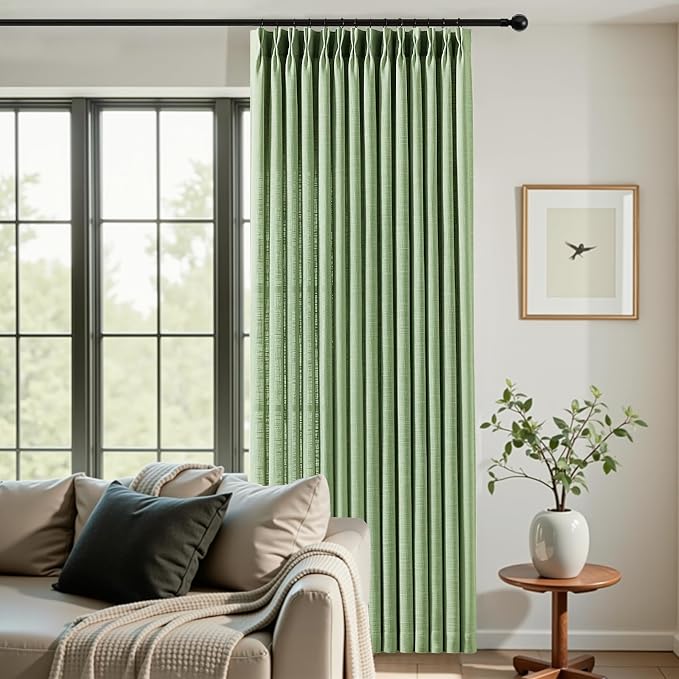 Pinch Pleated 84 Inch Linen Curtains for Living Room, Light Filtering, W40 | Semi Sheer, Bedroom, Pinch Pleat, Linen Blend, Hook Rings, Non See Through, Memory Shape, Privacy, Sage Green, 2 Panels