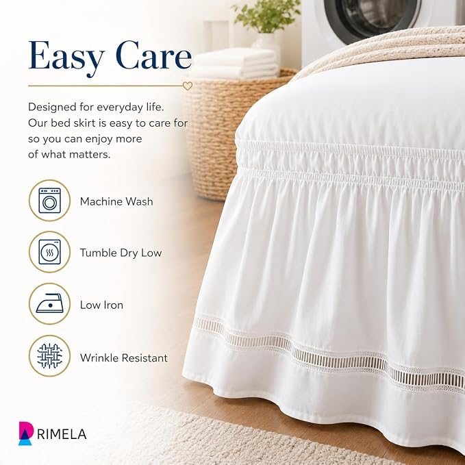 Ruffled Lace Bed Skirt King 15" Drop, Elastic Wrap Around Bedskirt | Solid Ruffled, Easy to Use, No Mattress Lifting, Wrinkle & Fade Resistant, with Adhesive Strips, Machine Wash/Dry/Iron