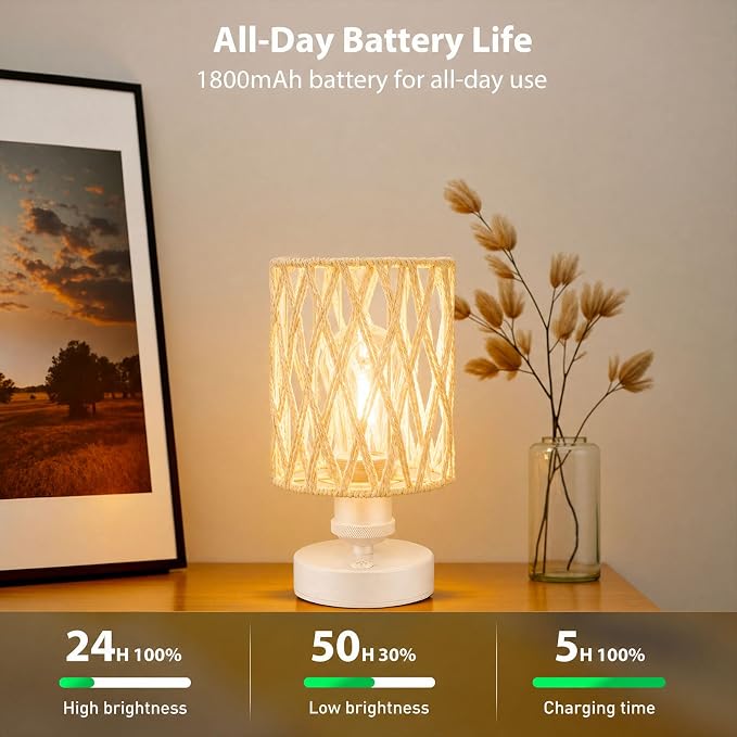 Cordless Outdoor Table Lamps, Small Rattan Boho, Rechargeable Battery Operated for Outdoor Patio, Home, Living Room, Bedroom, Bedside - Set of 2 (Ivory)