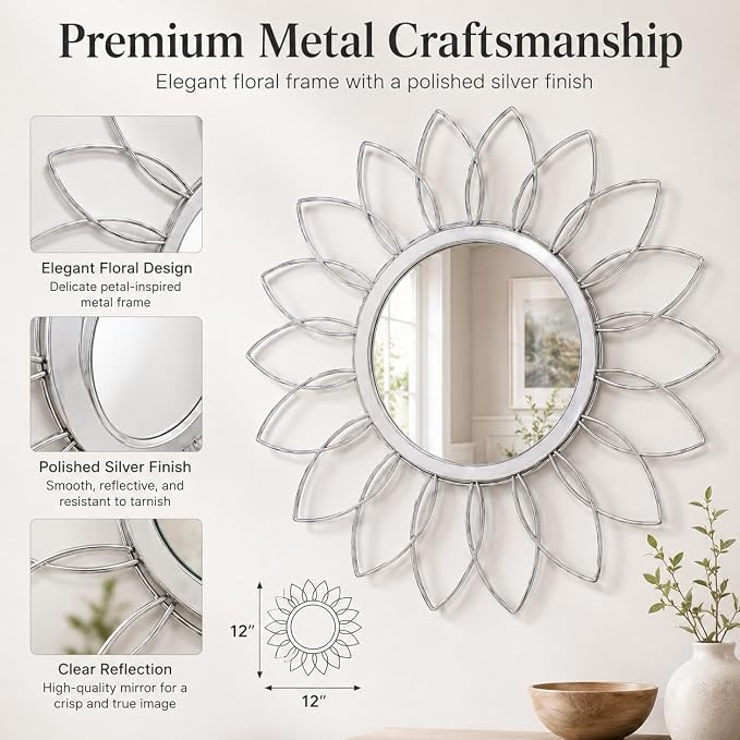 Silver Flower Mirror Set of 3, 3PCS Metal Round Decorative Wall Mirrors, Floral Petal Accent Mirror Wall Decor for Bathroom, Living Room, Bedroom & Entryway