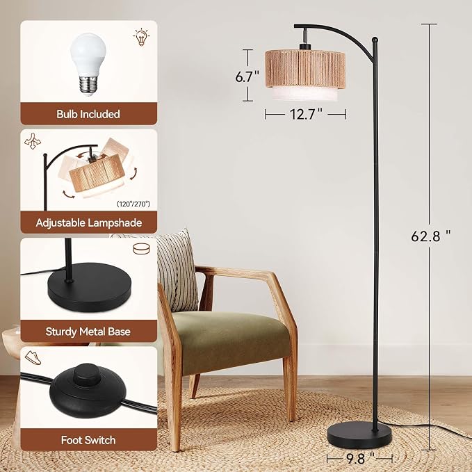 SUNMORY Arc Floor Lamps for Living Room, Rattan Standing lamp with 12W Bulb