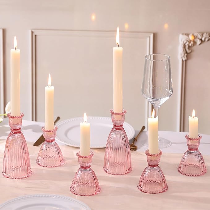 Pink Candle Holder Set of 6-4pcs 3.5"& 2pcs 6" Assorted Glass Pink Candlesticks Holder for Wedding Decor, Ribbed Taper Candle Holders Bulk for Bridal Shower, Home Table Centerpieces