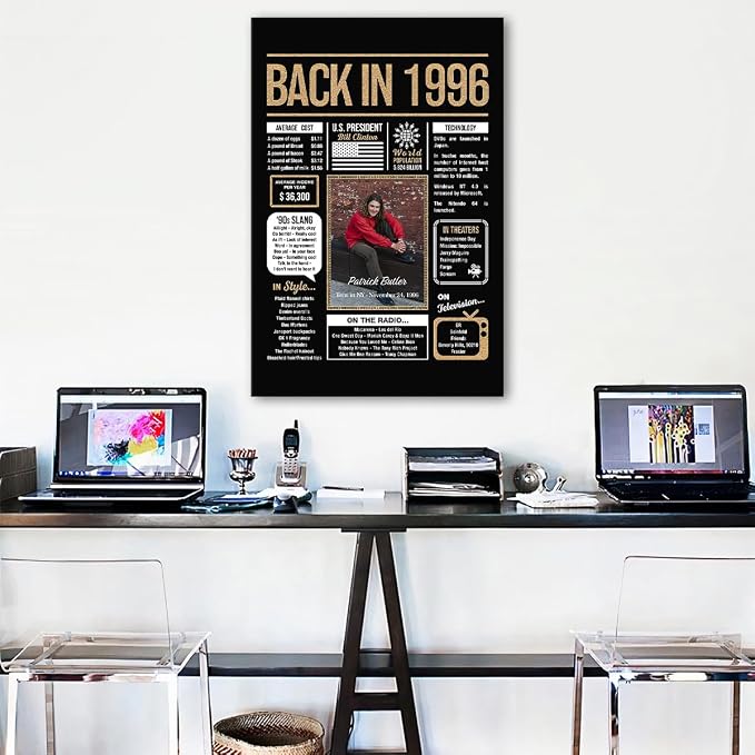 Personalized 29th Birthday Party Decorations Men, Women, Him, Her - Custom Gifts Idea For 29 Years Old, Back In The Year You Born Newspaper For 29th Birthday Poster No Frame Black Gold