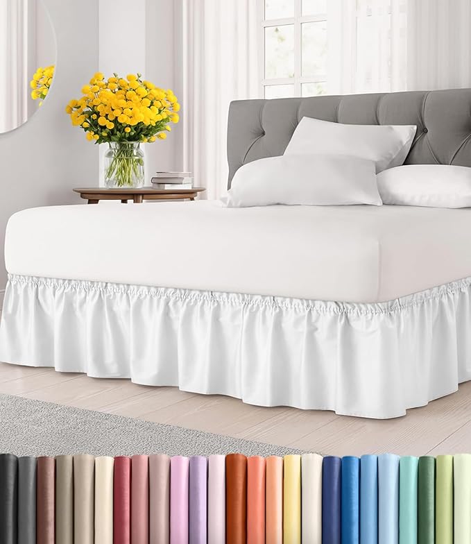 Wrap Around Dust Ruffle Bed Skirt, Full Size Beds - 12 Inch Drop, White | Easy Fit Elastic Strap, Adjustable Pleated Bedskirt w/Brushed Fabric, Wrinkle & Fade Free, for Women, Men, Kids & Teens