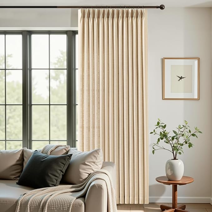 Pinch Pleated Linen Blend Light Filtering Sheer Curtains for Living Room | Sliding Door, Semi Sheer, Pinch Pleat, Hook Rings, Non See Through, Extra Wide, Large Window, 60Wx102L, Sand Beige, 1 Panel