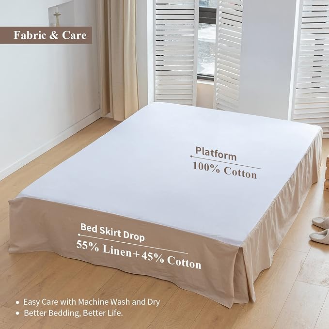 BISELINA French Linen Bed Skirt with Pleated Corner 14-Inch Tailored Drop Natural Flax Cotton Blend Basic Dust Ruffle Soft Cozy Farmhouse Bedding (14" Queen, Basic Linen)