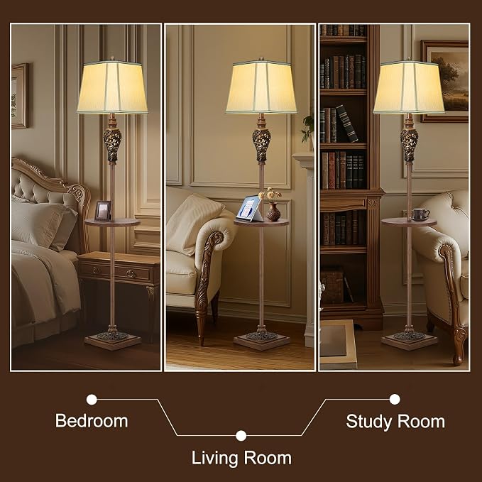 65" High Vintage Floor Lamp with Night Light and Metal Tray, Carving Design