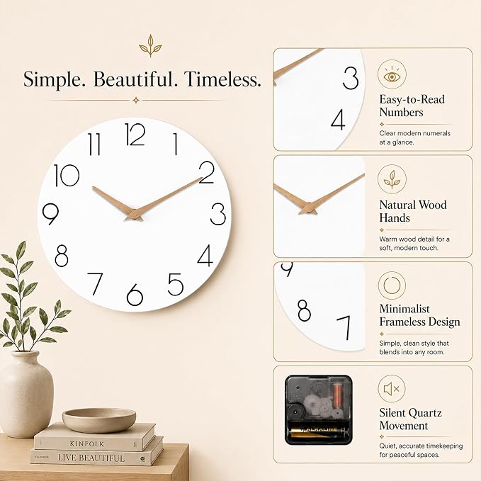 cicininc 10 Inch Battery Operated Wall Clock, Silent Analog, White | Living Room | Kitchen | Office | Bathroom | Modern Style | Easy-to-read Numbers