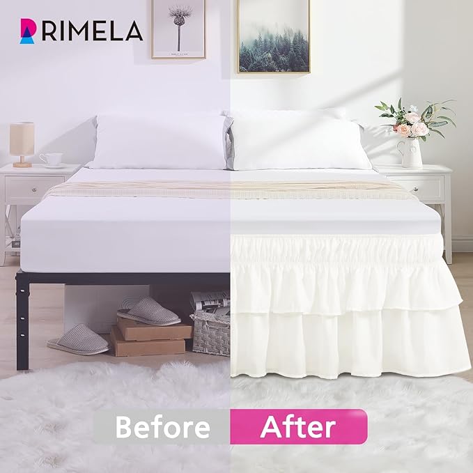 RIMELA Queen Size Ruffle Bed Skirt 18 Inch Drop - Cream White Double Layered Wrap Around Dust Ruffle, Romantic Cute Design Bedskirt with High-Density Fabric, Soft Stretchy, Easy Install for Queen Bed