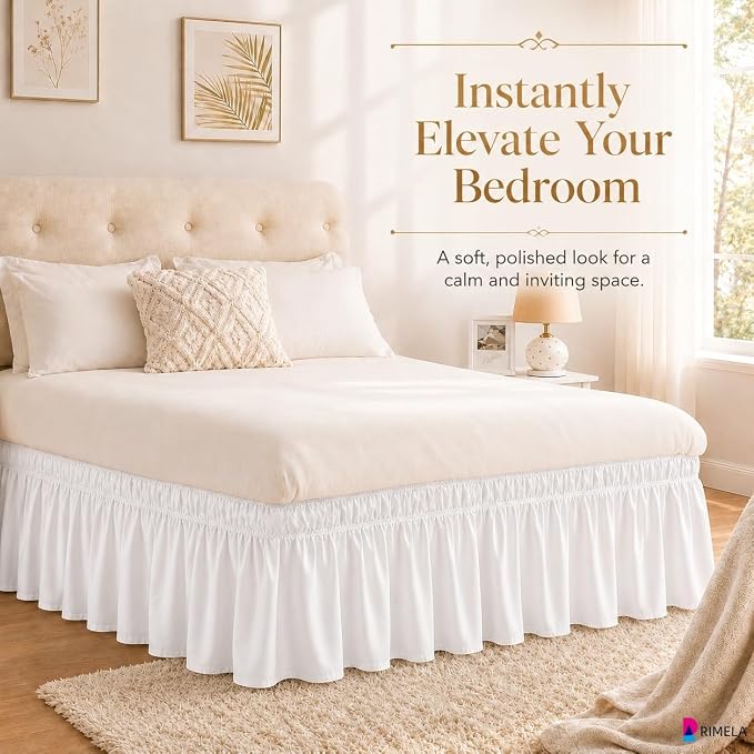 Warm White Bed Skirt King Size 12" Drop, Elastic Wrap Around Bedskirt | Solid Ruffled, Easy to Use, No Mattress Lifting, Wrinkle & Fade Resistant, with Adhesive Strips, Machine Wash/Dry/Iron