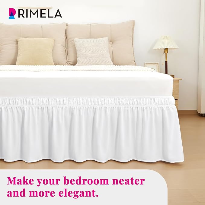Bright White Bed Skirt Queen Size 15" Drop, Elastic Wrap Around Bedskirt | Solid Ruffled, Easy to Use, No Mattress Lifting, Wrinkle & Fade Resistant, with Adhesive Strips, Machine Wash/Dry/Iron
