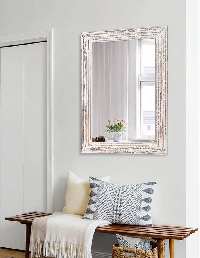 Wall Mirror with Rustic Wood Frame Rectangle Hanging Mirrors for Wall Large Decorative for Bathroom Bedroom Farmhouse Living Room Entryway 26"x18"